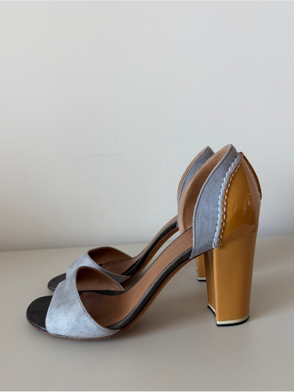 Moreschi Italy Dusty Lavender Suede & Mustard Patent Block Heel Sandals Size 36